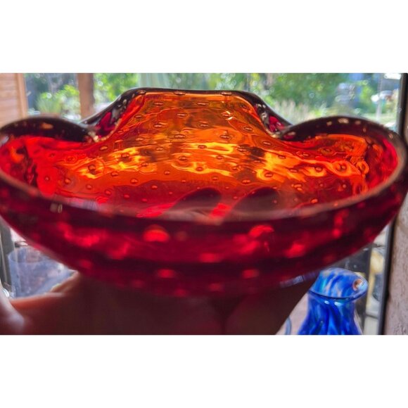 Murano Blown Glass Bowl With Bucillante Bubbles Red 6.25"x5.75"x2.25" Italy Gift - Picture 2 of 16